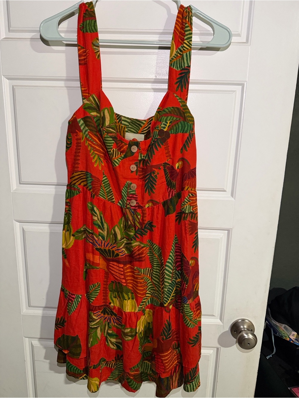 FARM Rio Tropical Red Button-Front Sundress with Green Leaf Print